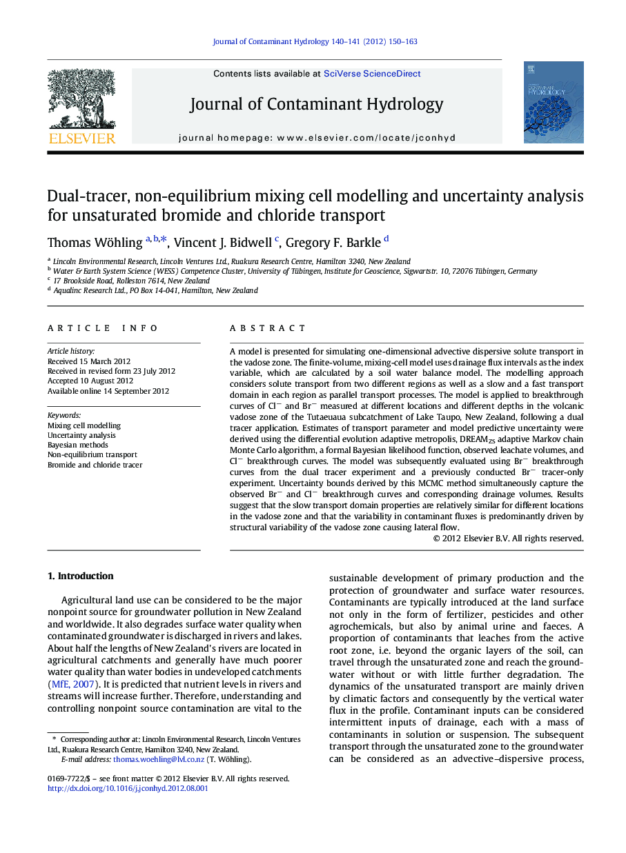 Dual-tracer, non-equilibrium mixing cell modelling and uncertainty analysis for unsaturated bromide and chloride transport