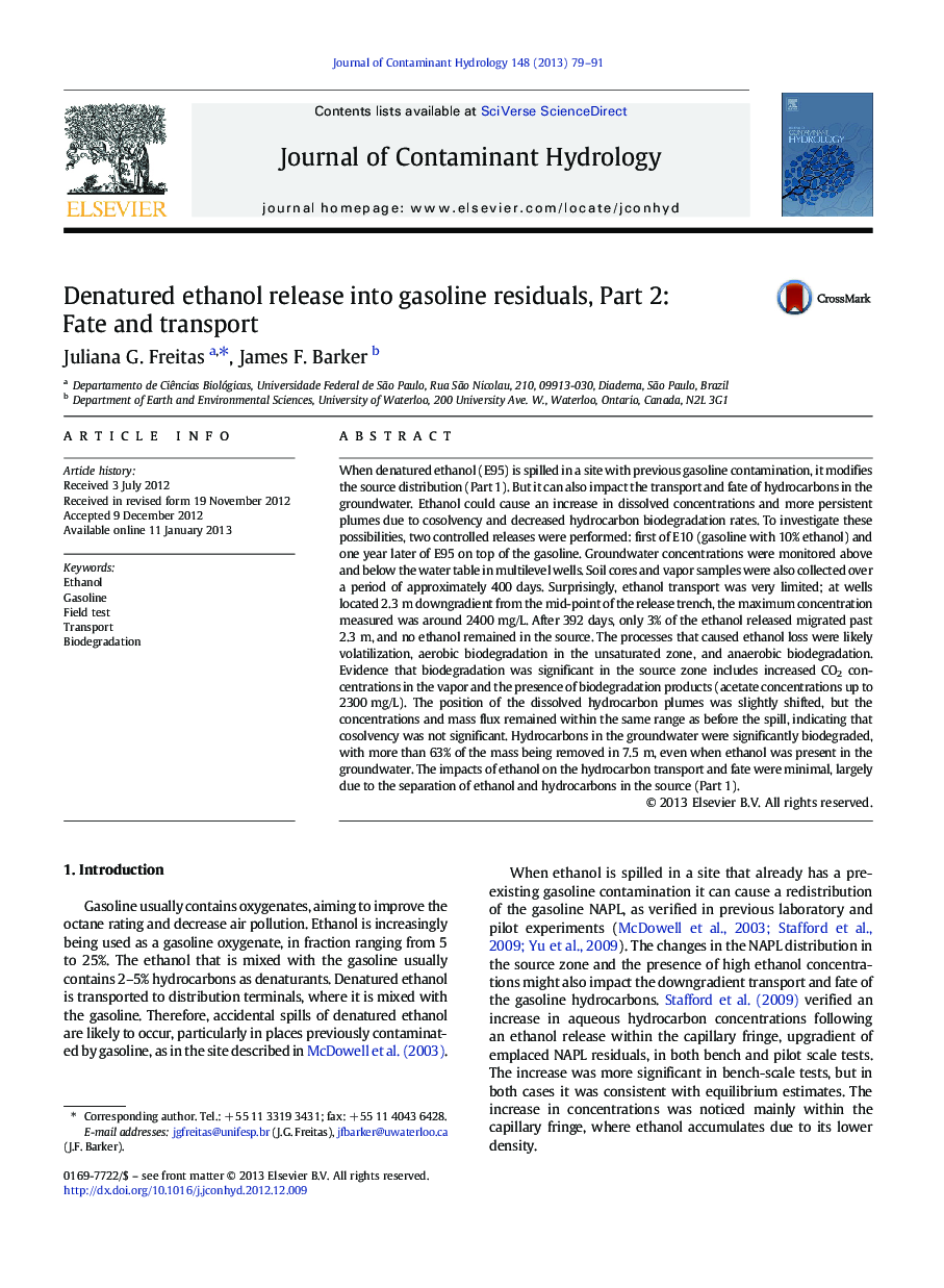 عکس صفحه اول مقاله: Denatured ethanol release into gasoline residuals, Part 2: Fate and transport Denatured ethanol release into gasoline residuals, Part 2: Fate and transport