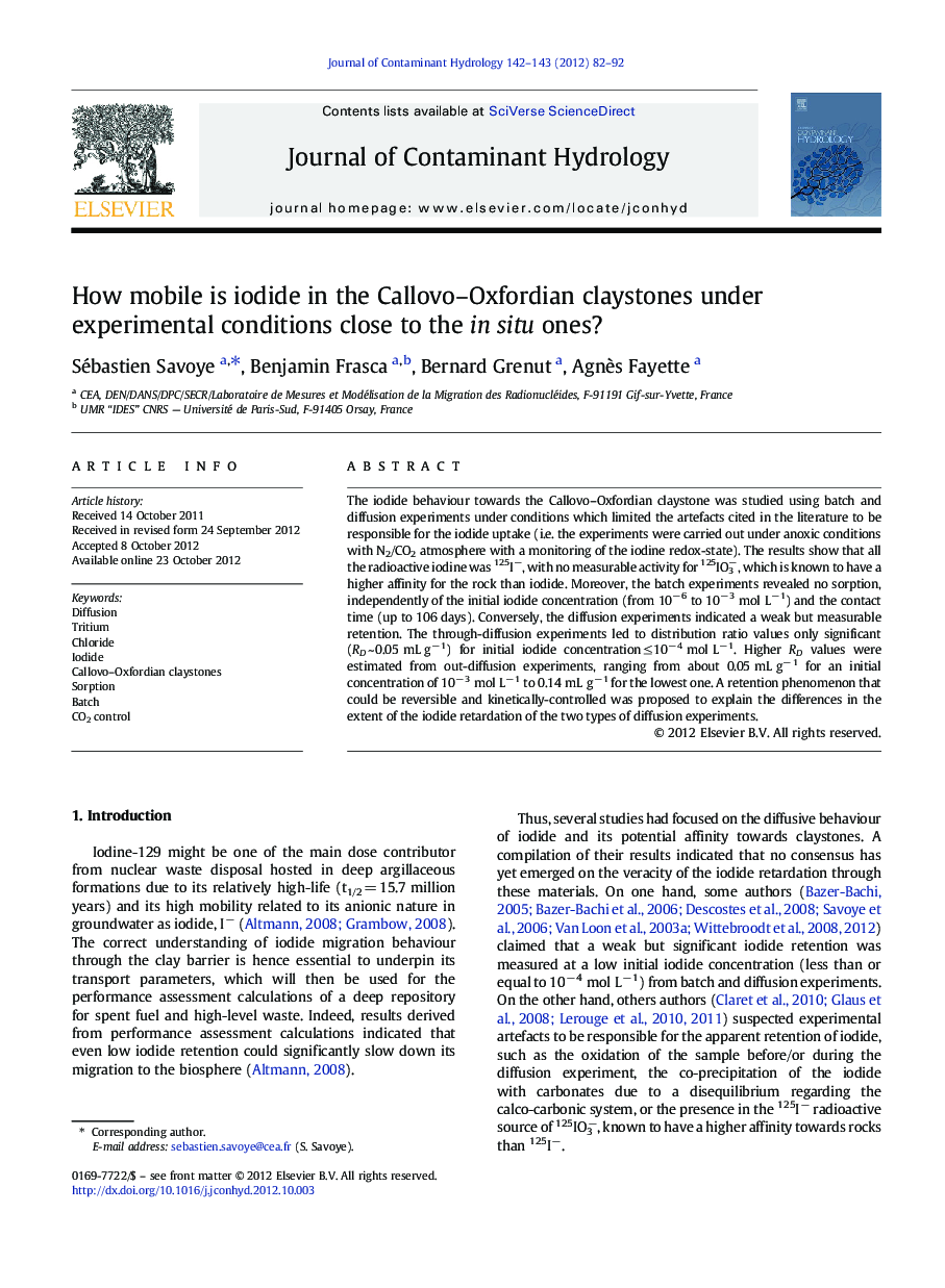 How mobile is iodide in the Callovo–Oxfordian claystones under experimental conditions close to the in situ ones?