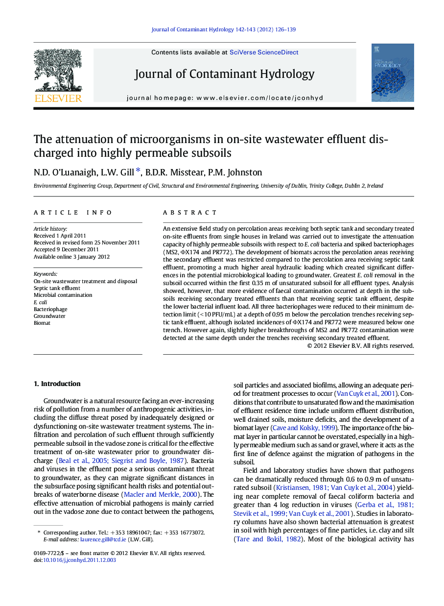 The attenuation of microorganisms in on-site wastewater effluent discharged into highly permeable subsoils