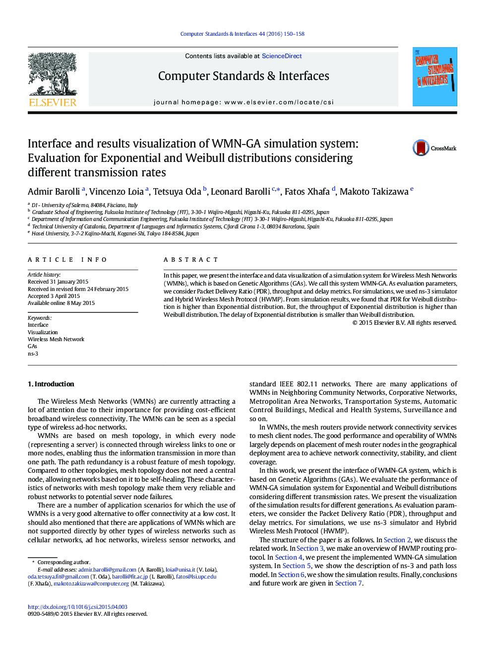 Interface and results visualization of WMN-GA simulation system: Evaluation for Exponential and Weibull distributions considering different transmission rates