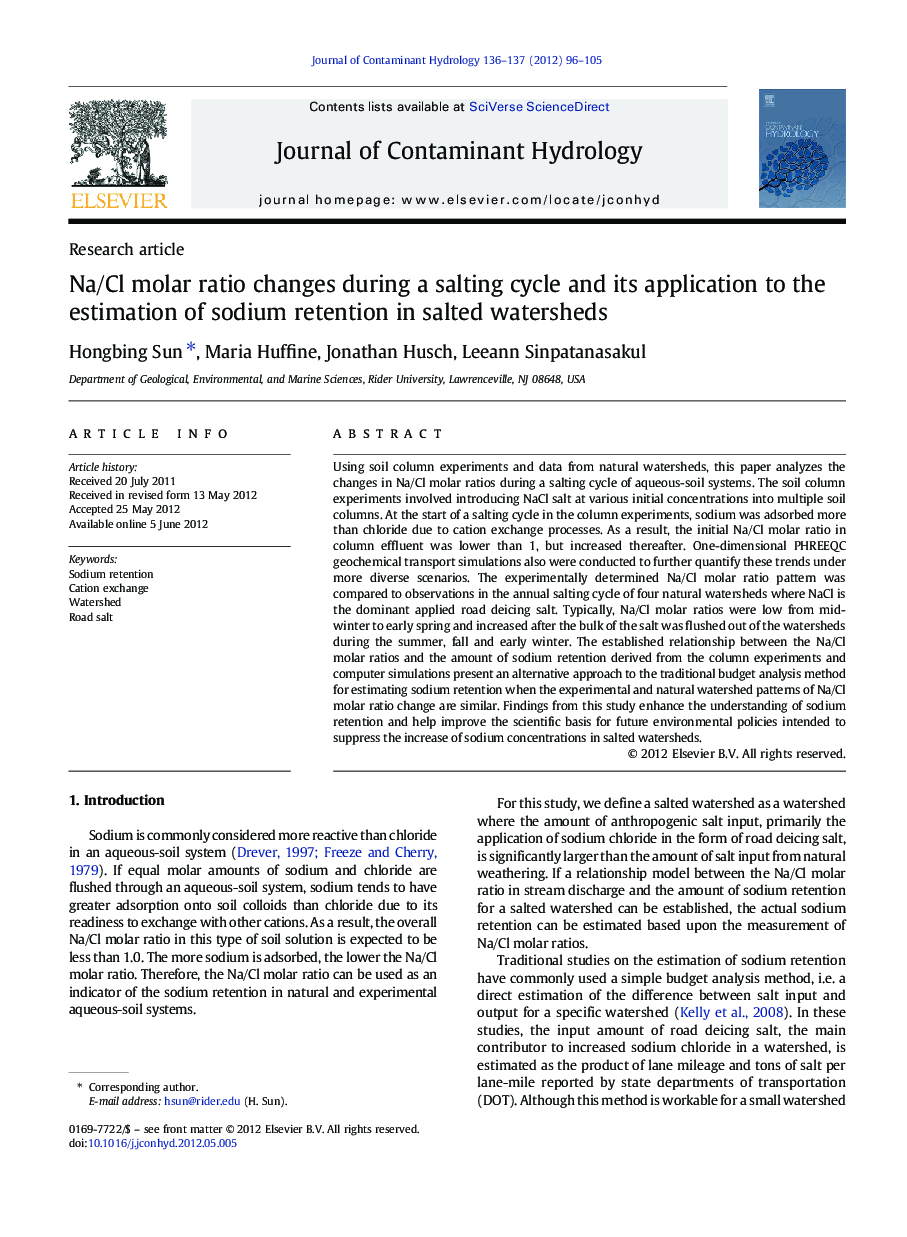 Na/Cl molar ratio changes during a salting cycle and its application to the estimation of sodium retention in salted watersheds