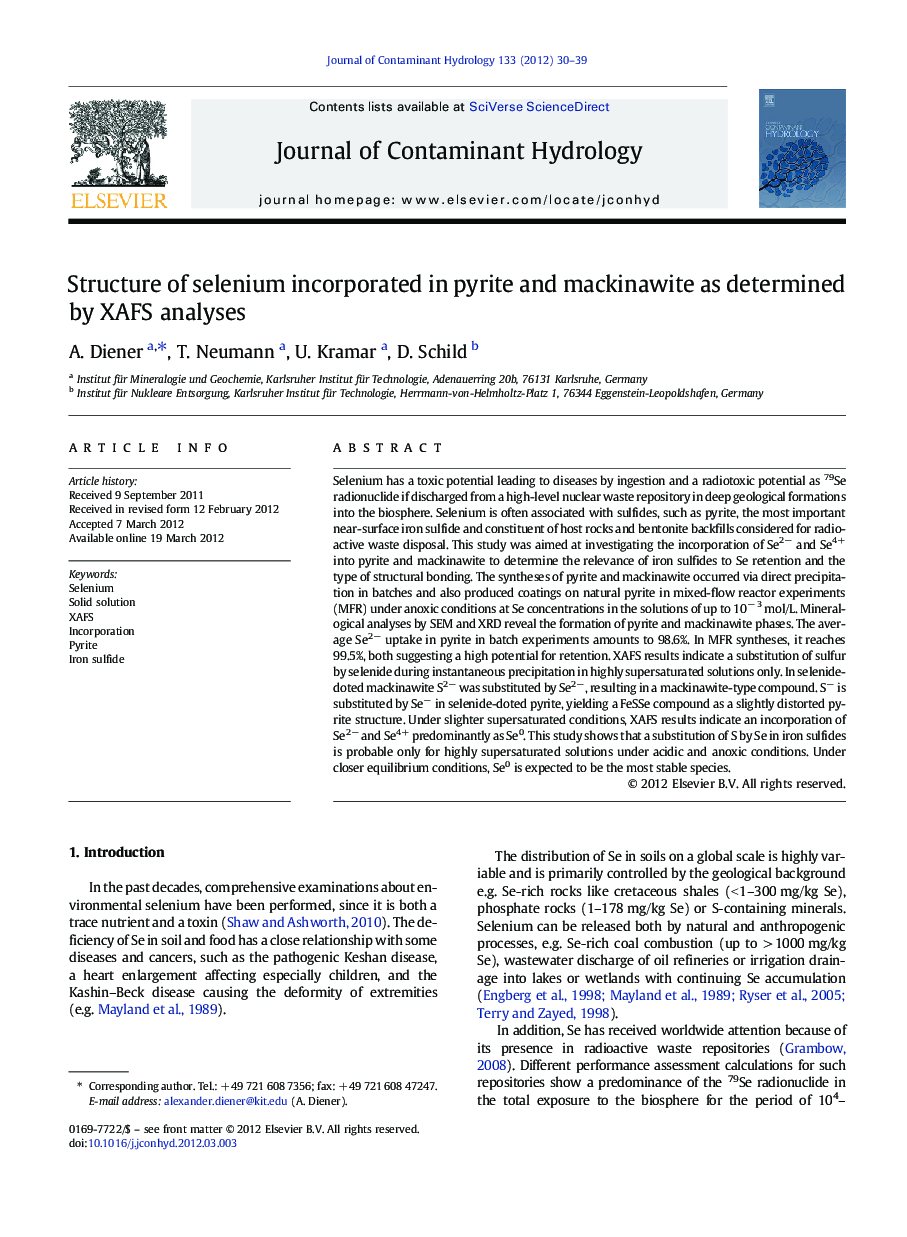 Structure of selenium incorporated in pyrite and mackinawite as determined by XAFS analyses