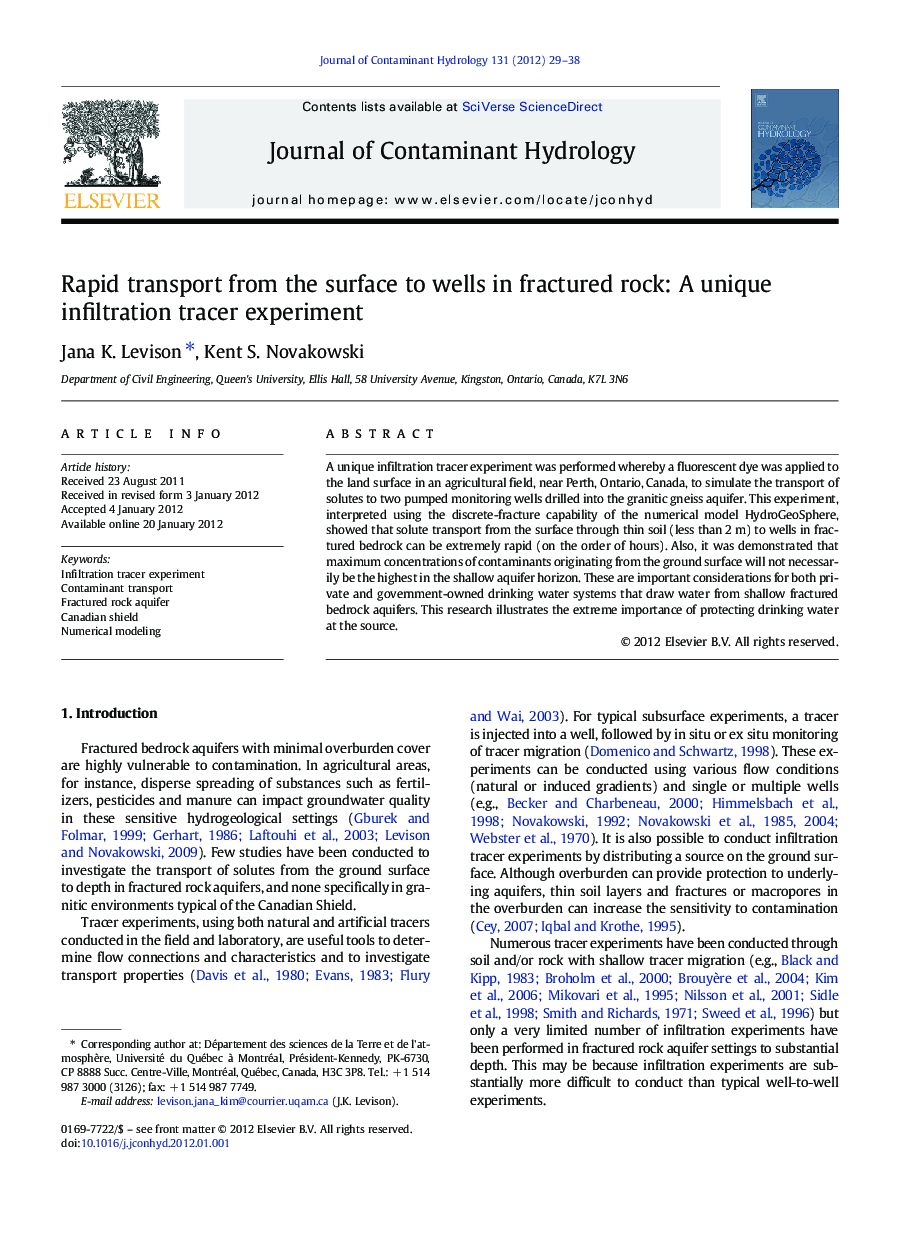 Rapid transport from the surface to wells in fractured rock: A unique infiltration tracer experiment