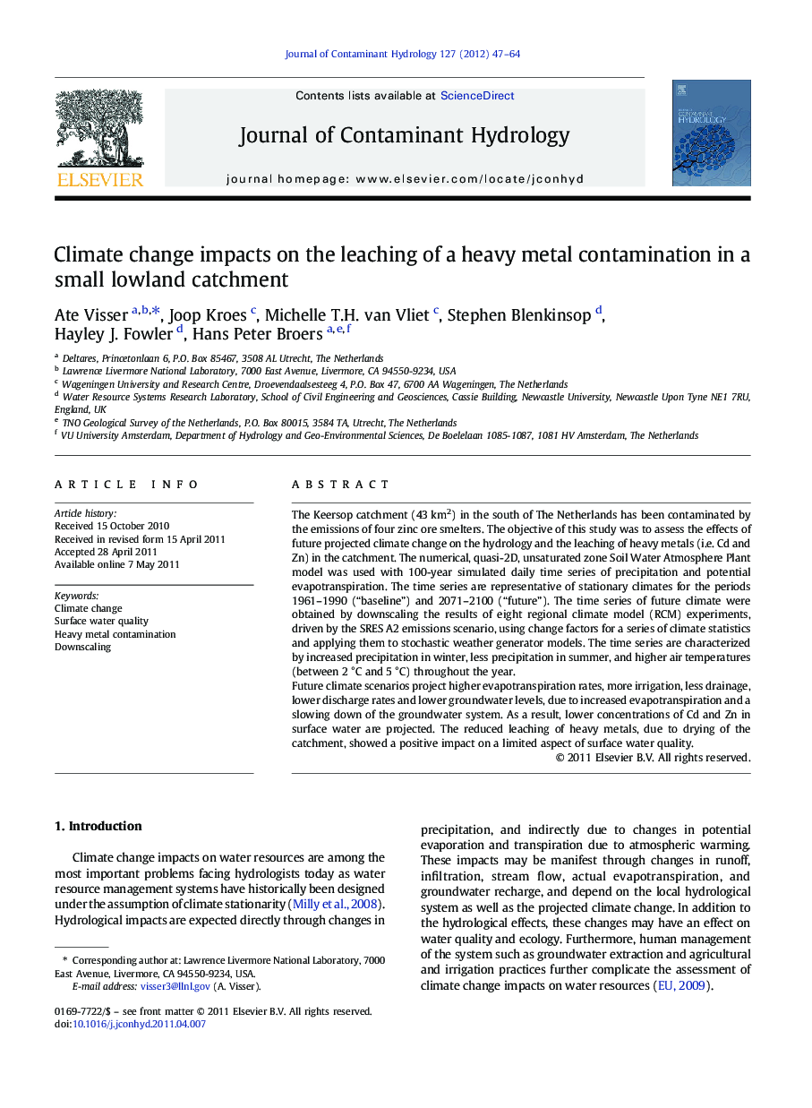 Climate change impacts on the leaching of a heavy metal contamination in a small lowland catchment