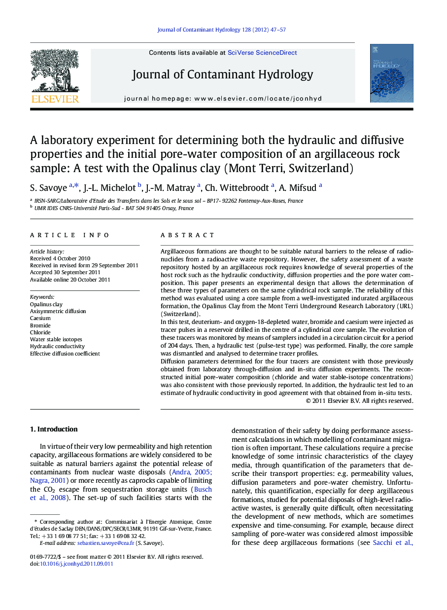 A laboratory experiment for determining both the hydraulic and diffusive properties and the initial pore-water composition of an argillaceous rock sample: A test with the Opalinus clay (Mont Terri, Switzerland)
