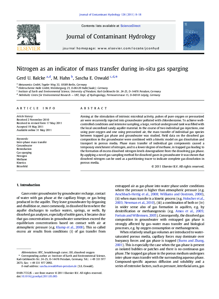 Nitrogen as an indicator of mass transfer during in-situ gas sparging