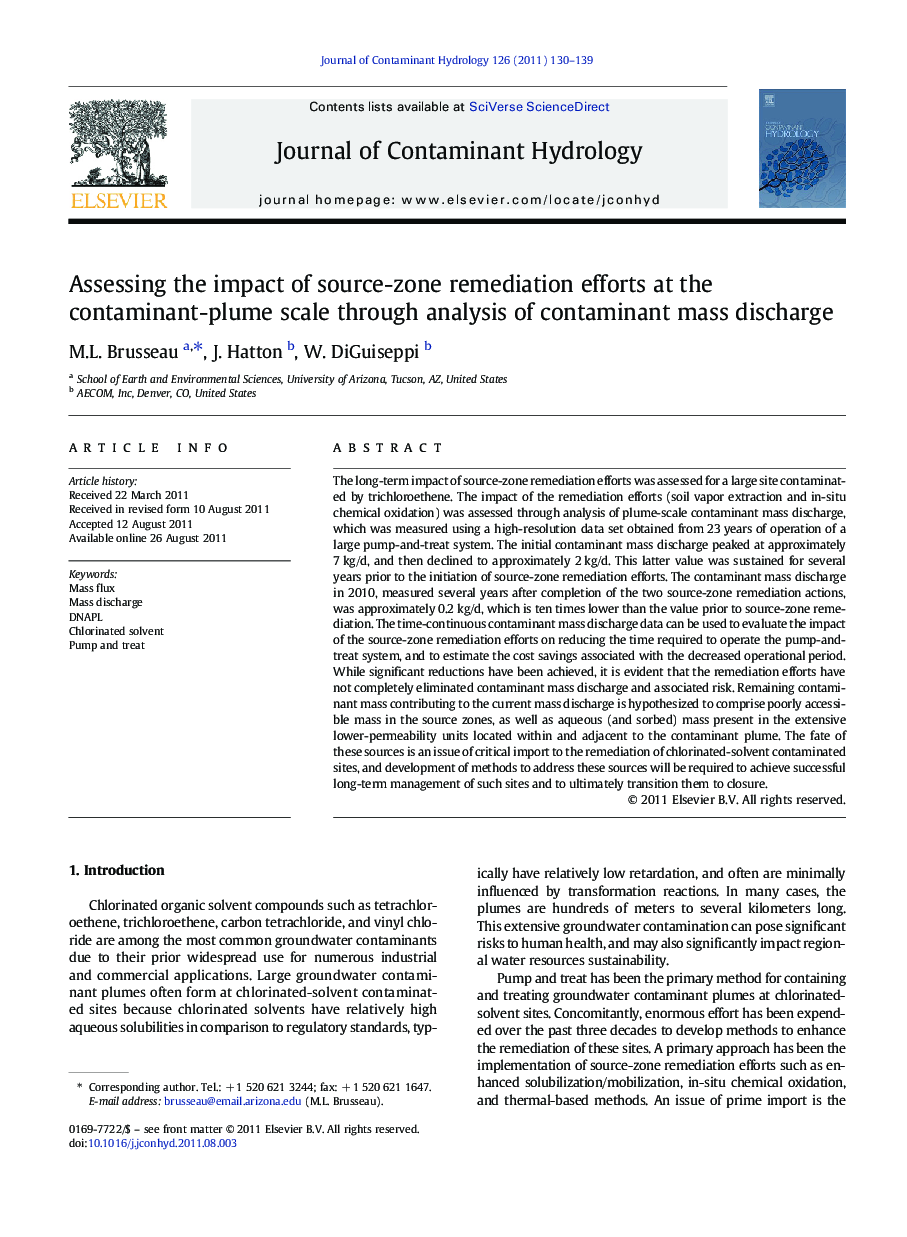 Assessing the impact of source-zone remediation efforts at the contaminant-plume scale through analysis of contaminant mass discharge