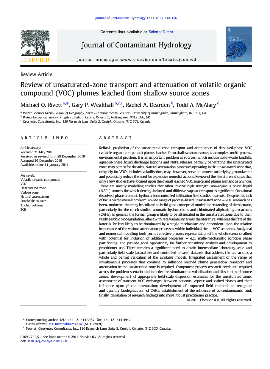 Review of unsaturated-zone transport and attenuation of volatile organic compound (VOC) plumes leached from shallow source zones