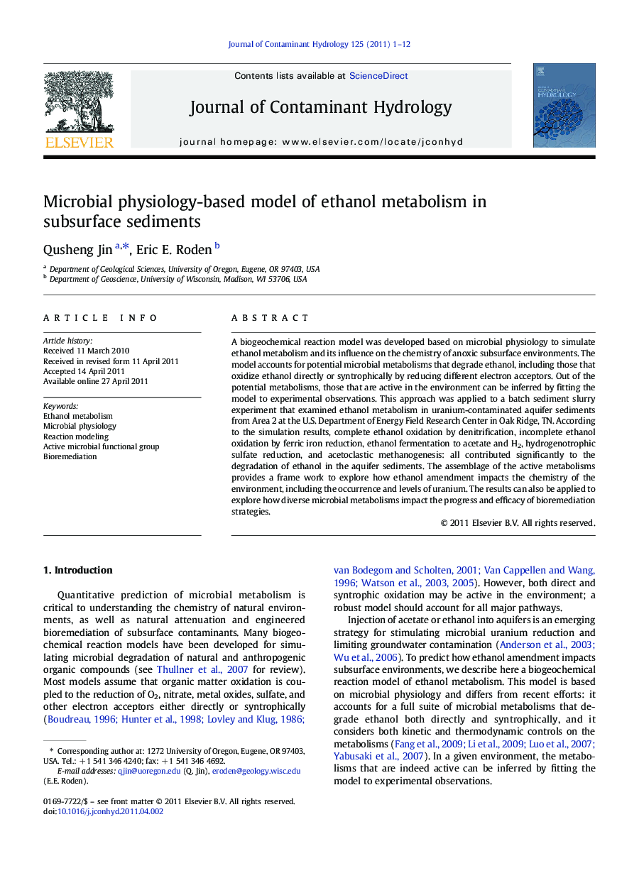 Microbial physiology-based model of ethanol metabolism in subsurface sediments