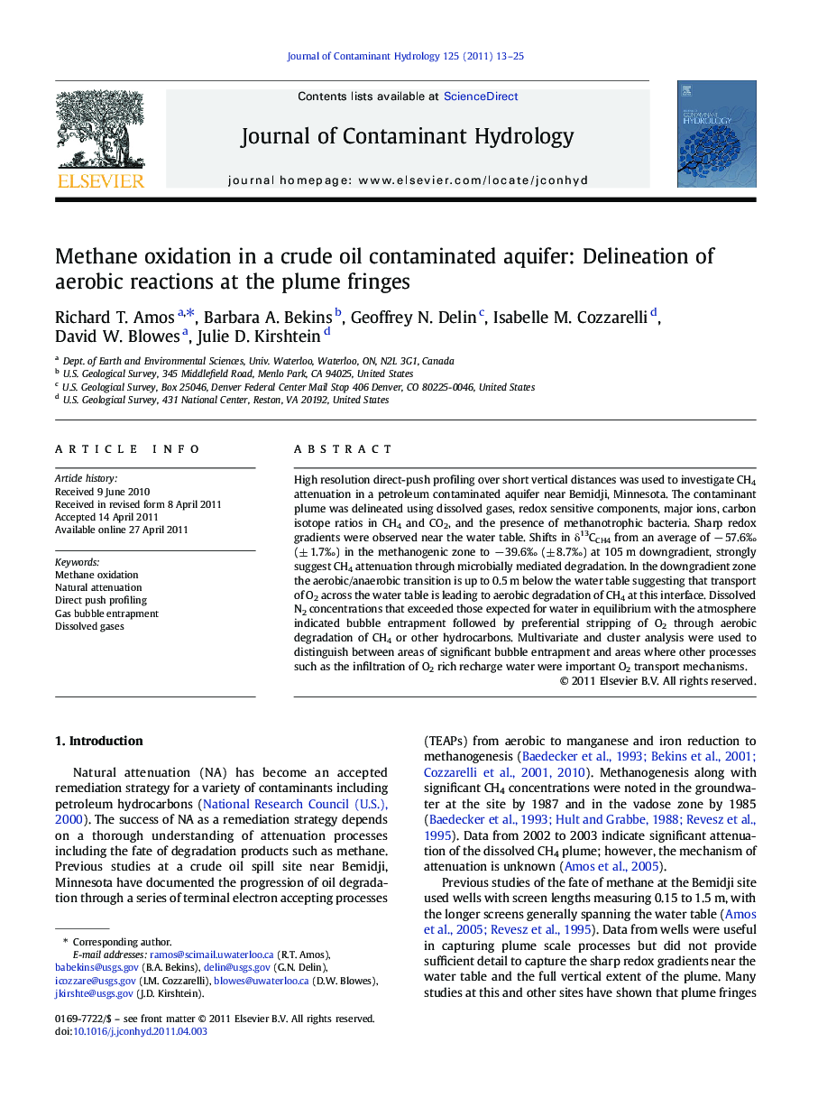 Methane oxidation in a crude oil contaminated aquifer: Delineation of aerobic reactions at the plume fringes