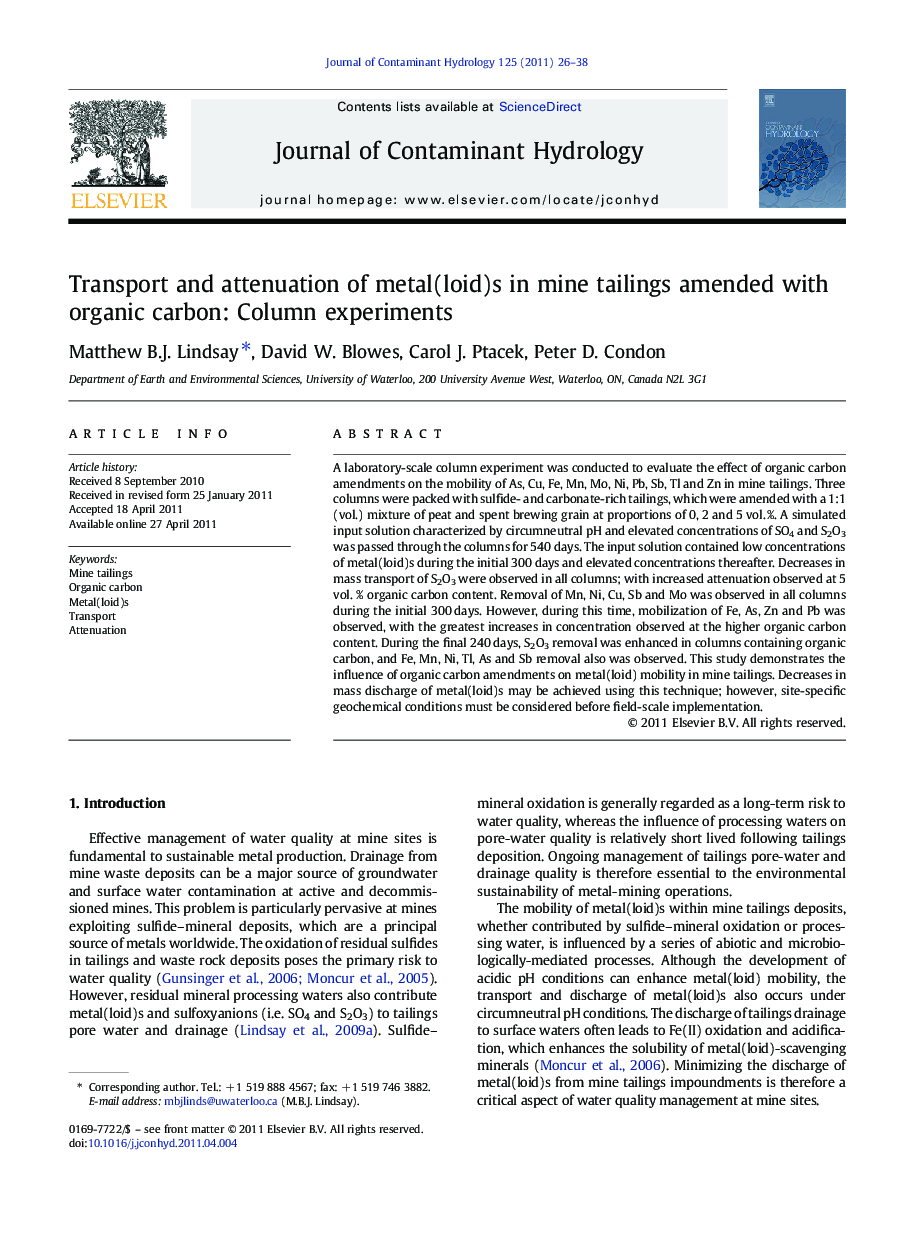 Transport and attenuation of metal(loid)s in mine tailings amended with organic carbon: Column experiments