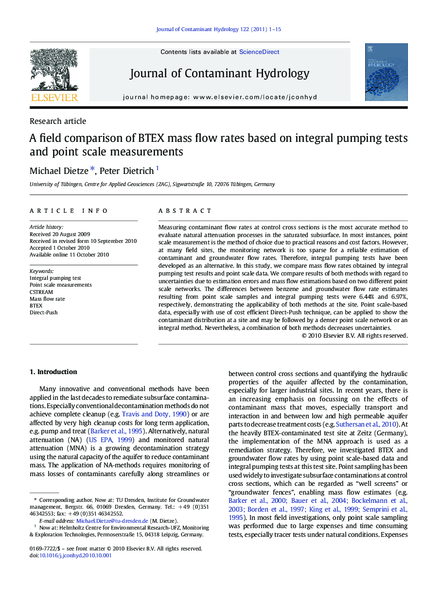 A field comparison of BTEX mass flow rates based on integral pumping tests and point scale measurements