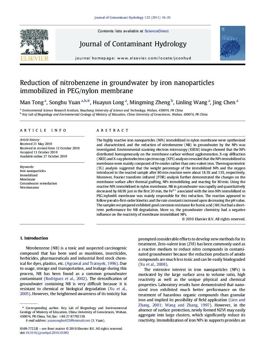 Reduction of nitrobenzene in groundwater by iron nanoparticles immobilized in PEG/nylon membrane