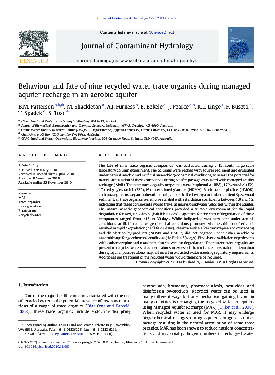 Behaviour and fate of nine recycled water trace organics during managed aquifer recharge in an aerobic aquifer