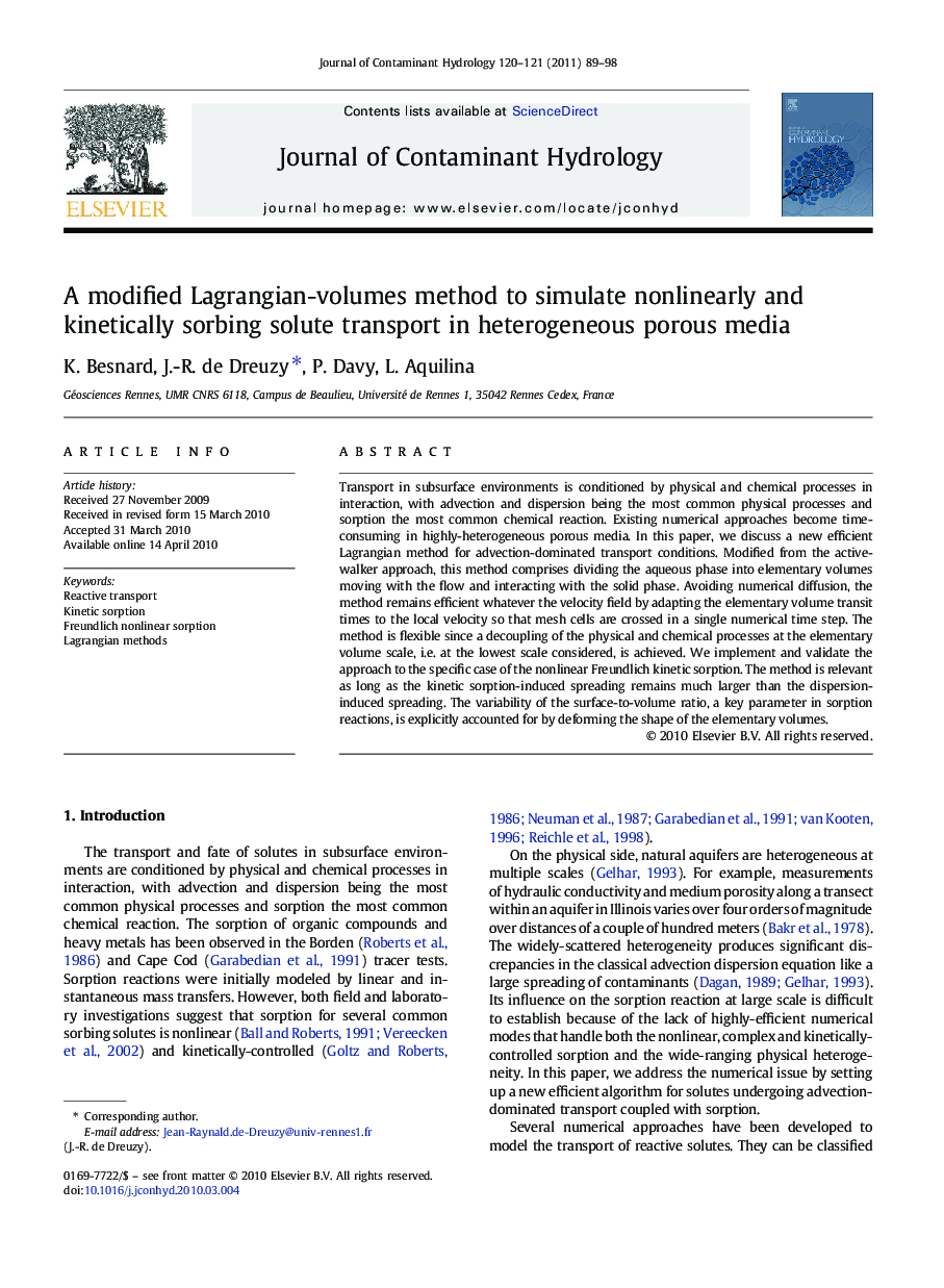 A modified Lagrangian-volumes method to simulate nonlinearly and kinetically sorbing solute transport in heterogeneous porous media