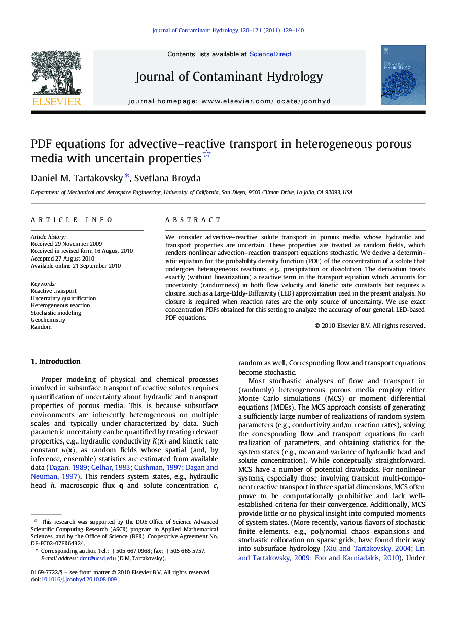 PDF equations for advective–reactive transport in heterogeneous porous media with uncertain properties 