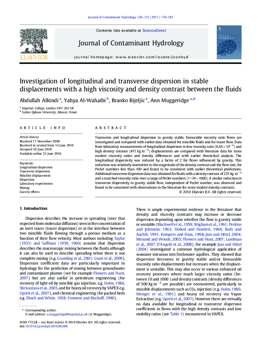 عکس صفحه اول مقاله: Investigation of longitudinal and transverse dispersion in stable displacements with a high viscosity and density contrast between the fluids Investigation of longitudinal and transverse dispersion in stable displacements with a high viscosity and density contrast between the fluids