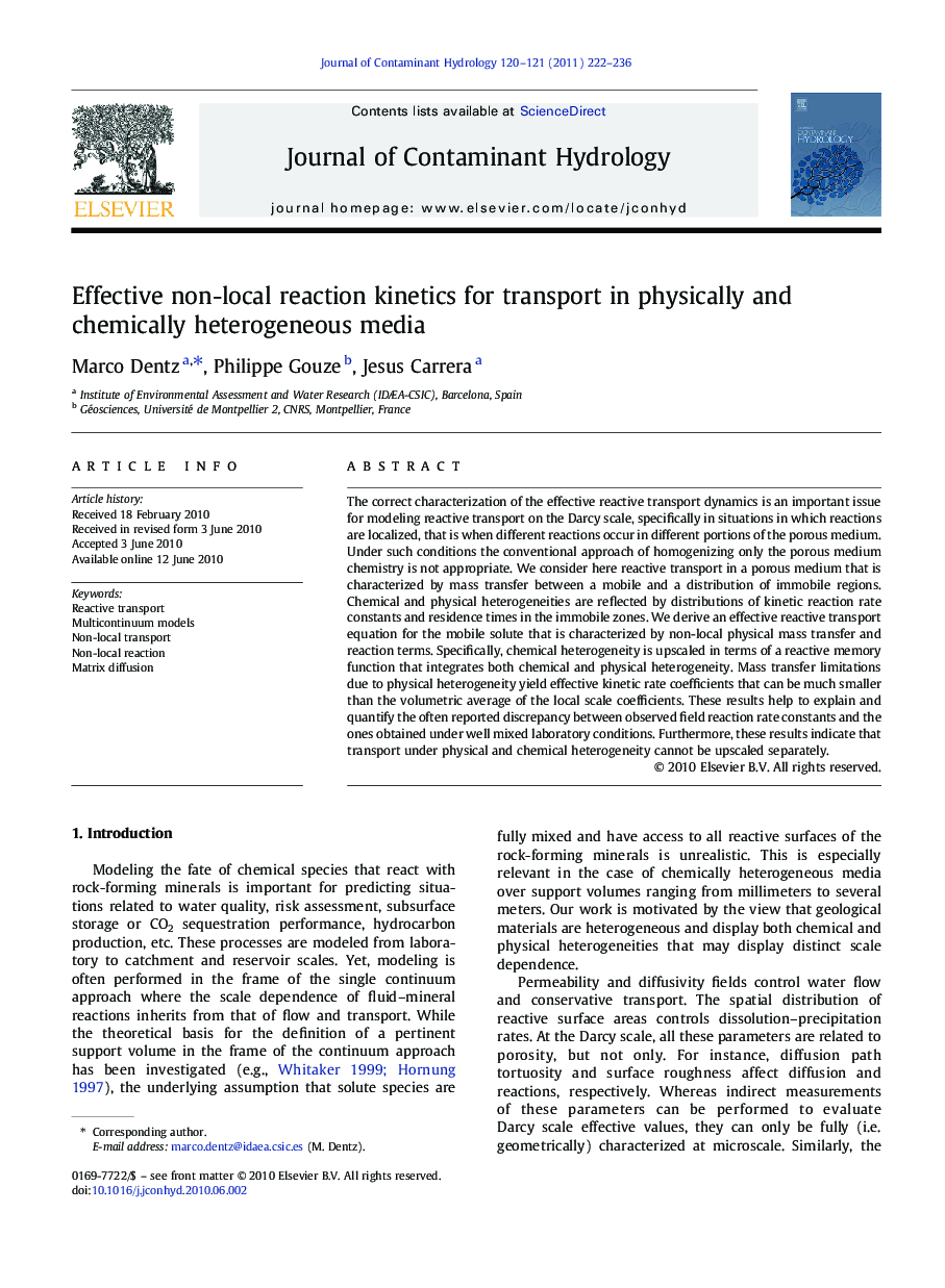 عکس صفحه اول مقاله: Effective non-local reaction kinetics for transport in physically and chemically heterogeneous media Effective non-local reaction kinetics for transport in physically and chemically heterogeneous media