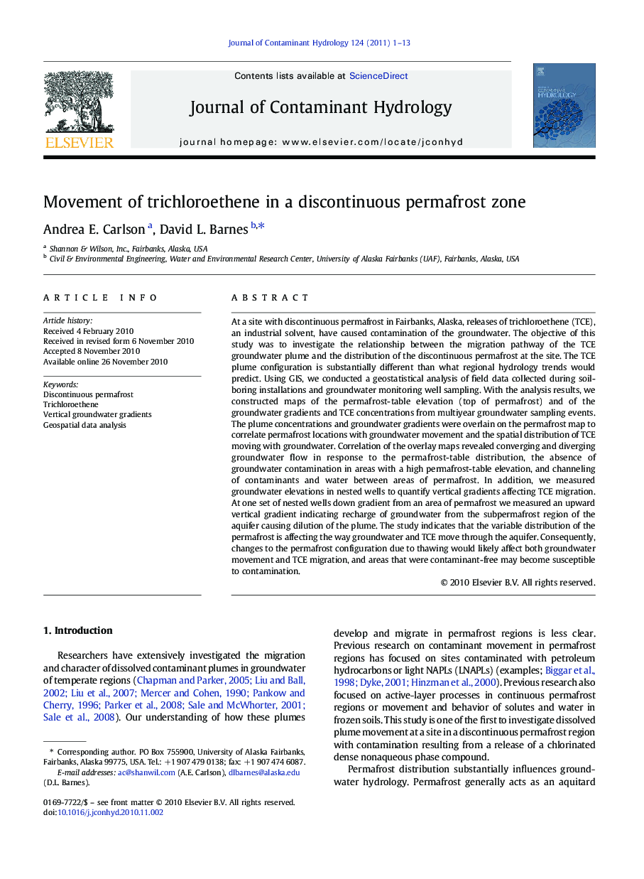 Movement of trichloroethene in a discontinuous permafrost zone