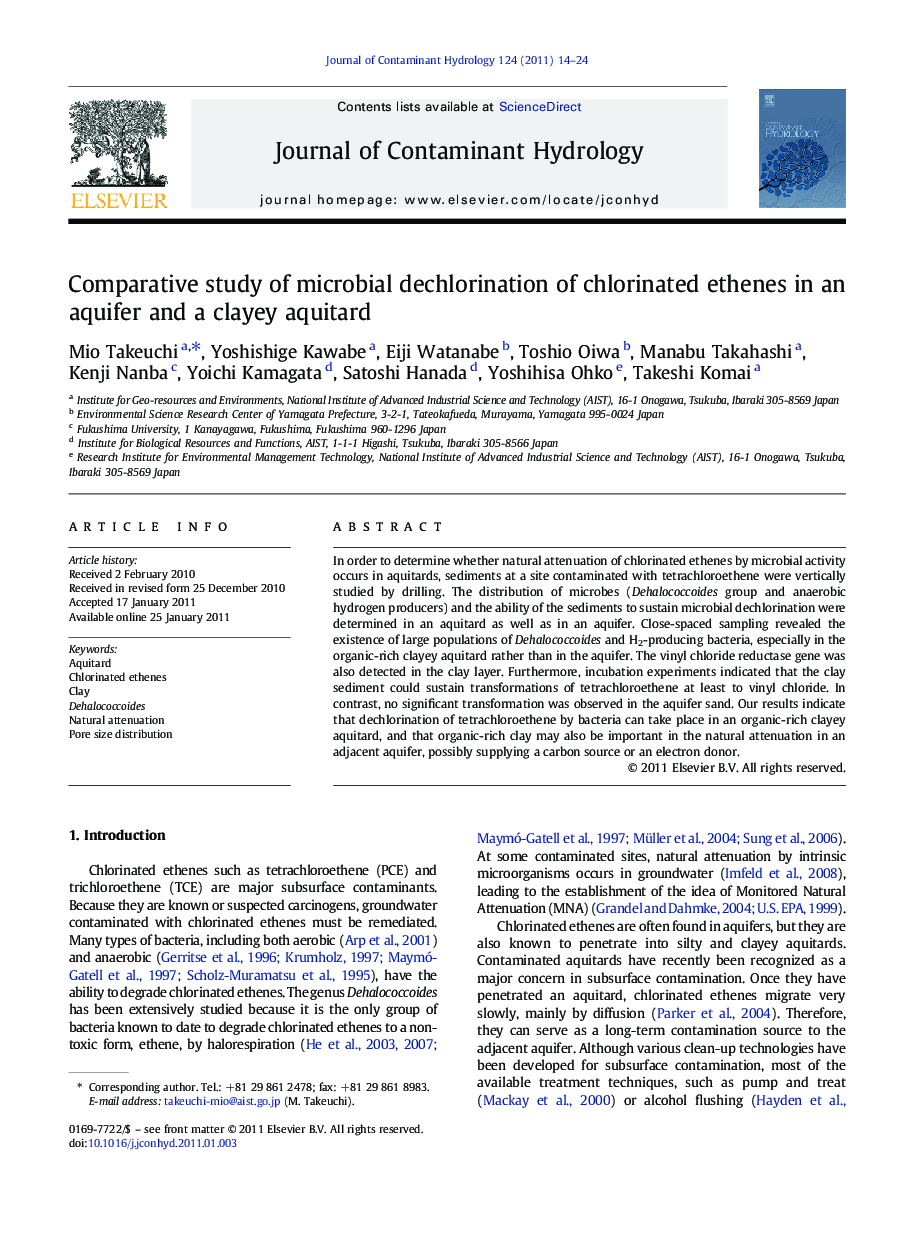 Comparative study of microbial dechlorination of chlorinated ethenes in an aquifer and a clayey aquitard