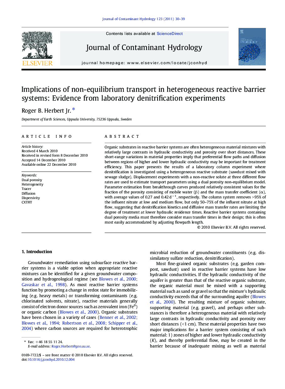 Implications of non-equilibrium transport in heterogeneous reactive barrier systems: Evidence from laboratory denitrification experiments