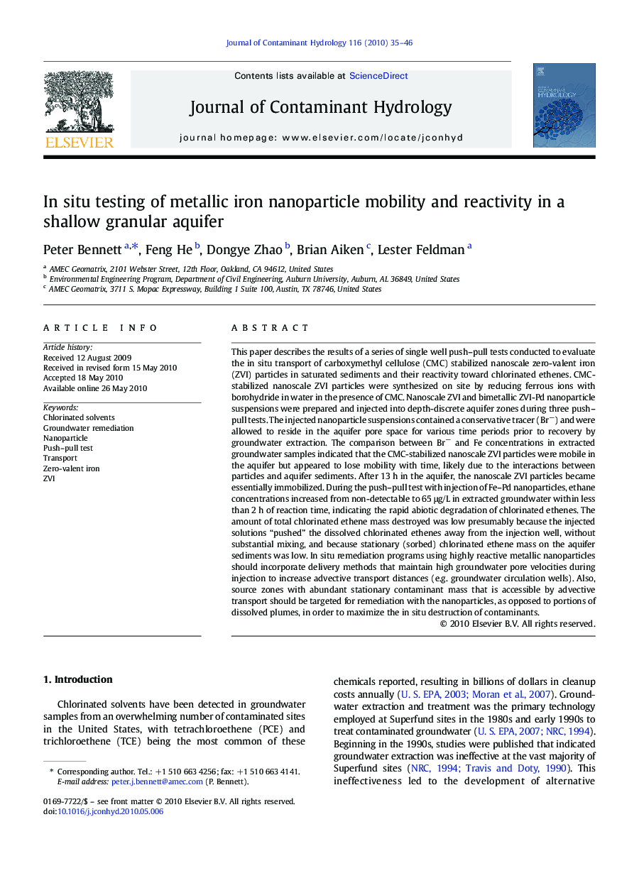 عکس صفحه اول مقاله: In situ testing of metallic iron nanoparticle mobility and reactivity in a shallow granular aquifer In situ testing of metallic iron nanoparticle mobility and reactivity in a shallow granular aquifer