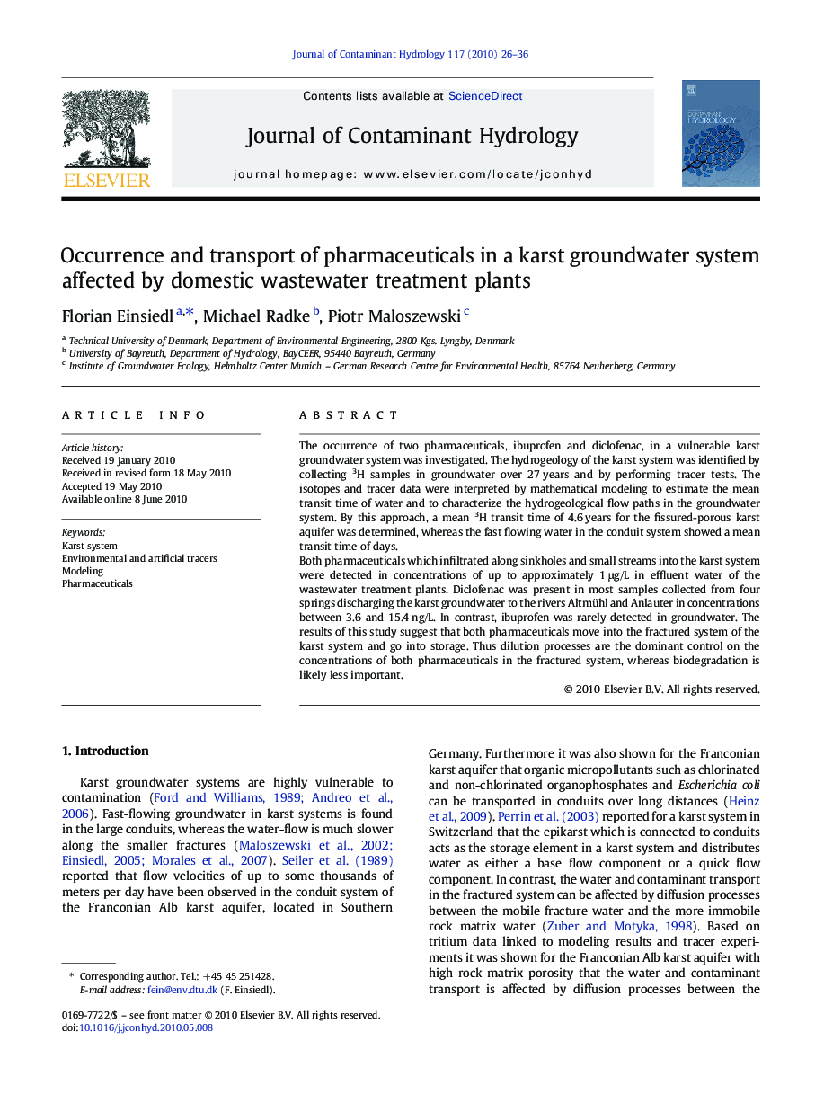 Occurrence and transport of pharmaceuticals in a karst groundwater system affected by domestic wastewater treatment plants