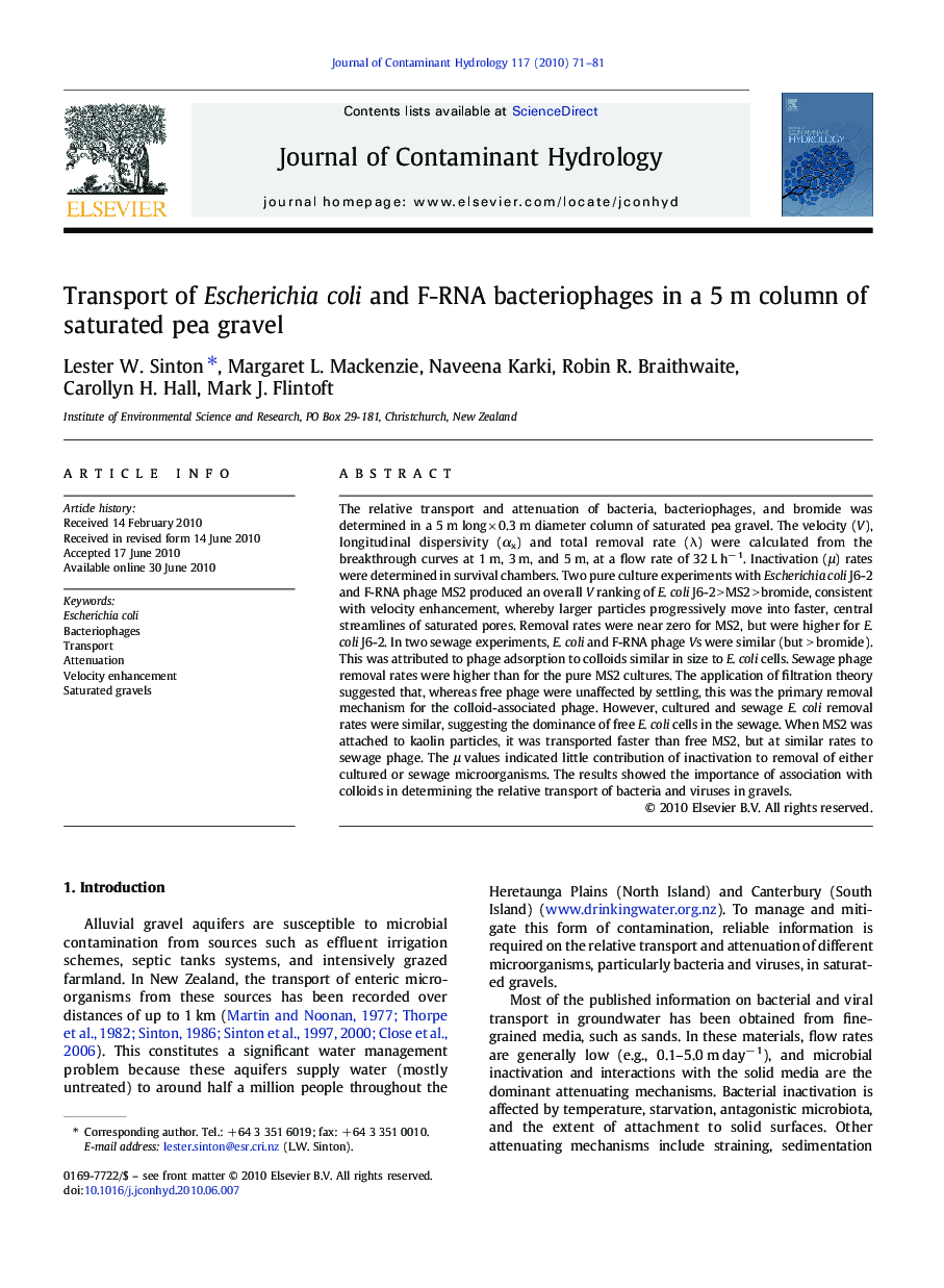 Transport of Escherichia coli and F-RNA bacteriophages in a 5 m column of saturated pea gravel