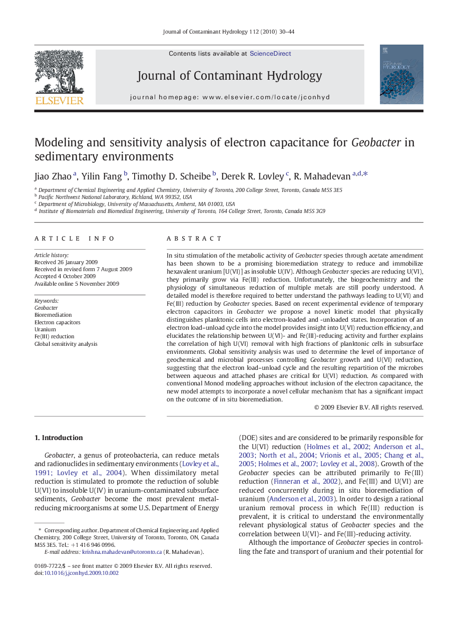 Modeling and sensitivity analysis of electron capacitance for Geobacter in sedimentary environments