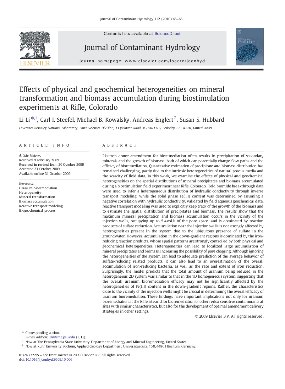 Effects of physical and geochemical heterogeneities on mineral transformation and biomass accumulation during biostimulation experiments at Rifle, Colorado