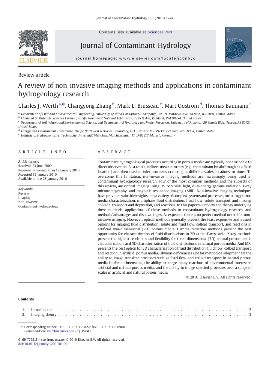 A review of non-invasive imaging methods and applications in contaminant hydrogeology research