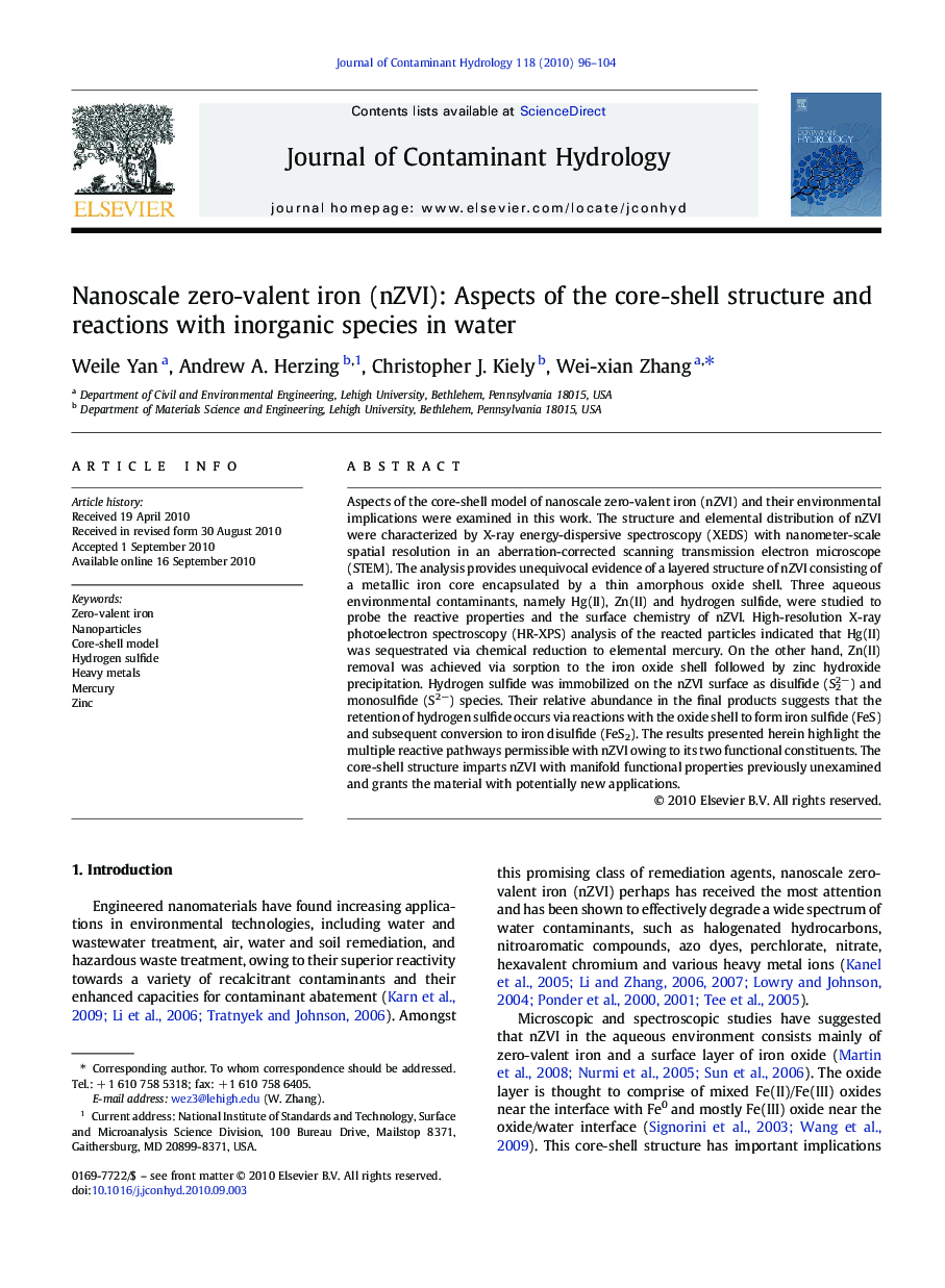 Nanoscale zero-valent iron (nZVI): Aspects of the core-shell structure and reactions with inorganic species in water