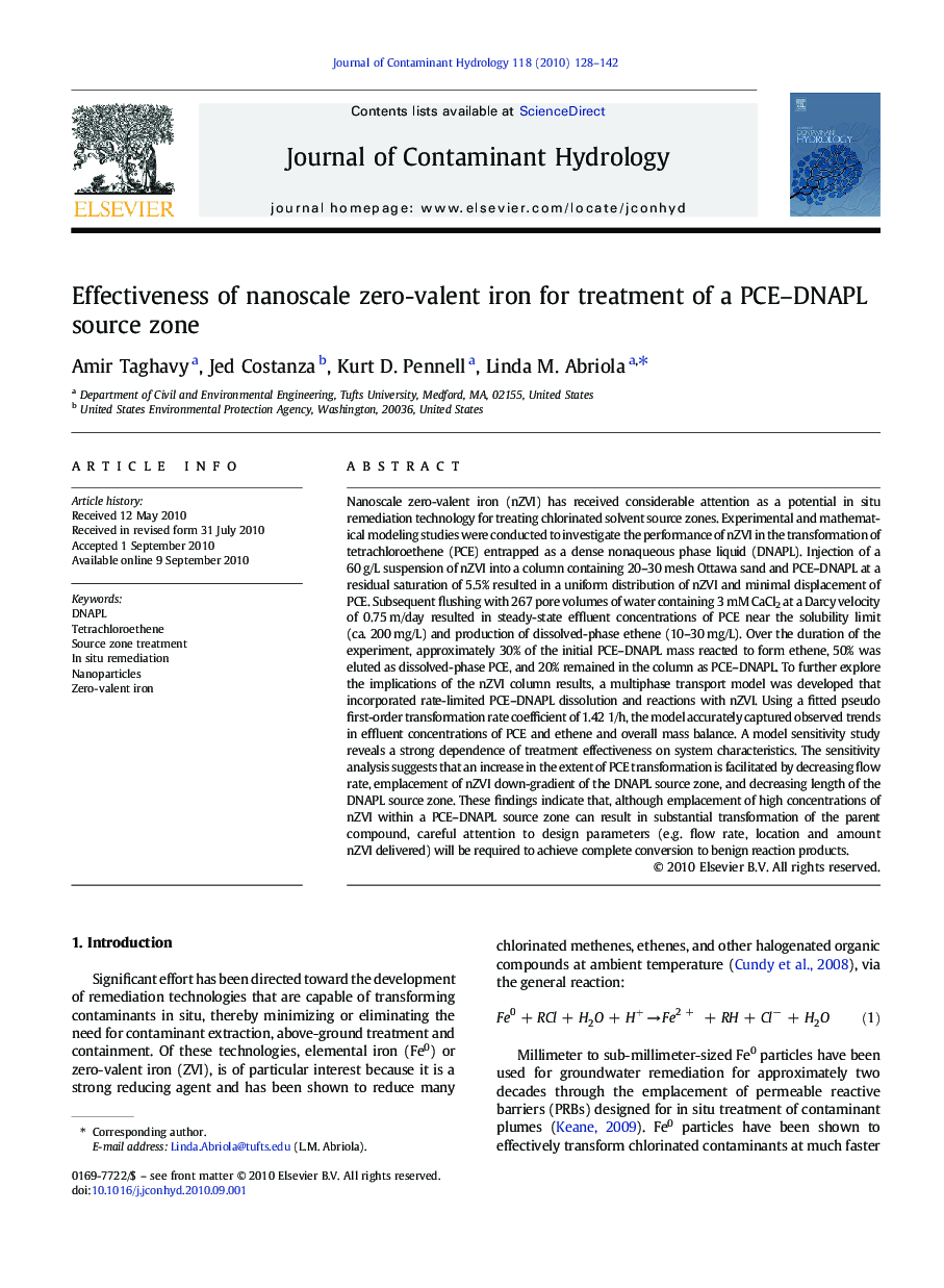 Effectiveness of nanoscale zero-valent iron for treatment of a PCE–DNAPL source zone