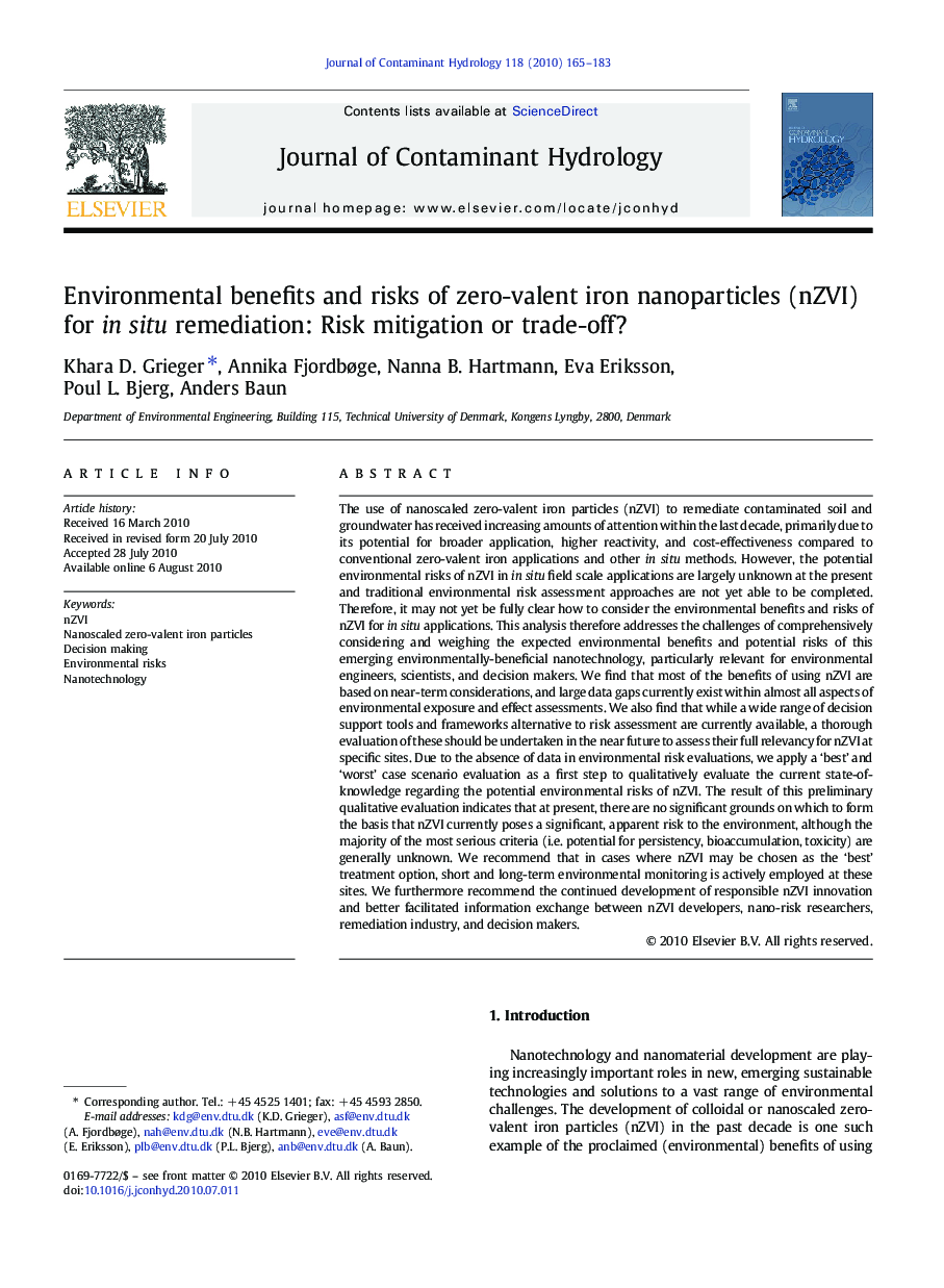 Environmental benefits and risks of zero-valent iron nanoparticles (nZVI) for in situ remediation: Risk mitigation or trade-off?