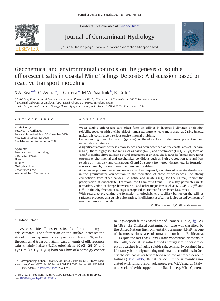 عکس صفحه اول مقاله: Geochemical and environmental controls on the genesis of soluble efflorescent salts in Coastal Mine Tailings Deposits: A discussion based on reactive transport modeling Geochemical and environmental controls on the genesis of soluble efflorescent salts in Coastal Mine Tailings Deposits: A discussion based on reactive transport modeling