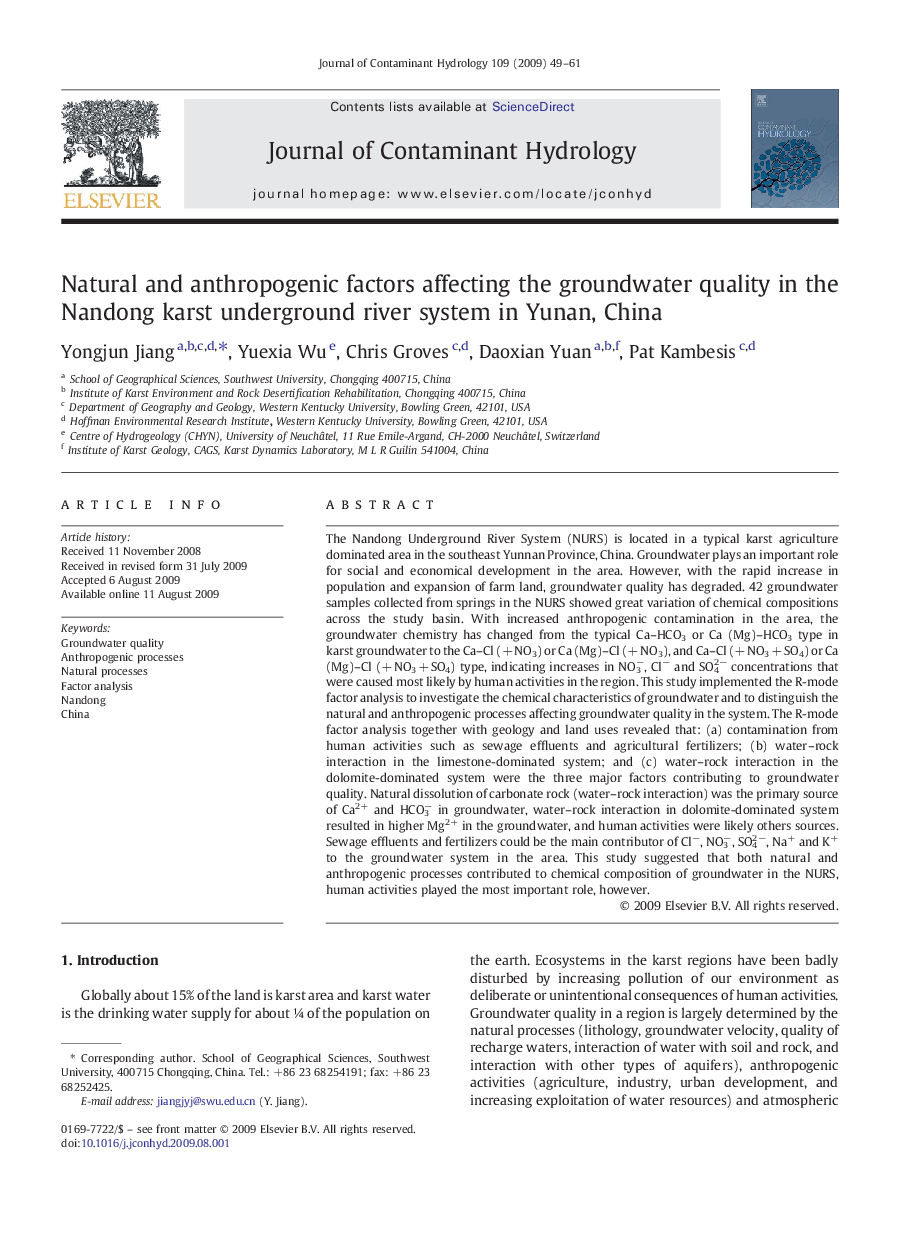 Natural and anthropogenic factors affecting the groundwater quality in the Nandong karst underground river system in Yunan, China