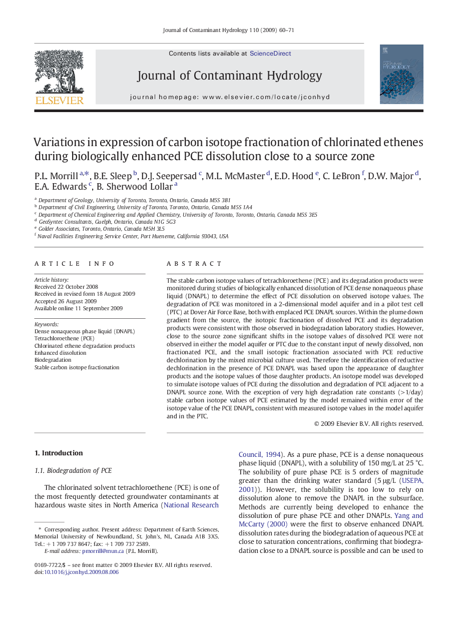 Variations in expression of carbon isotope fractionation of chlorinated ethenes during biologically enhanced PCE dissolution close to a source zone