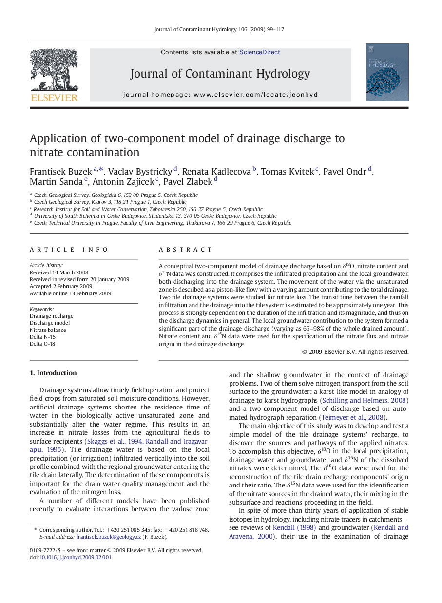 Application of two-component model of drainage discharge to nitrate contamination