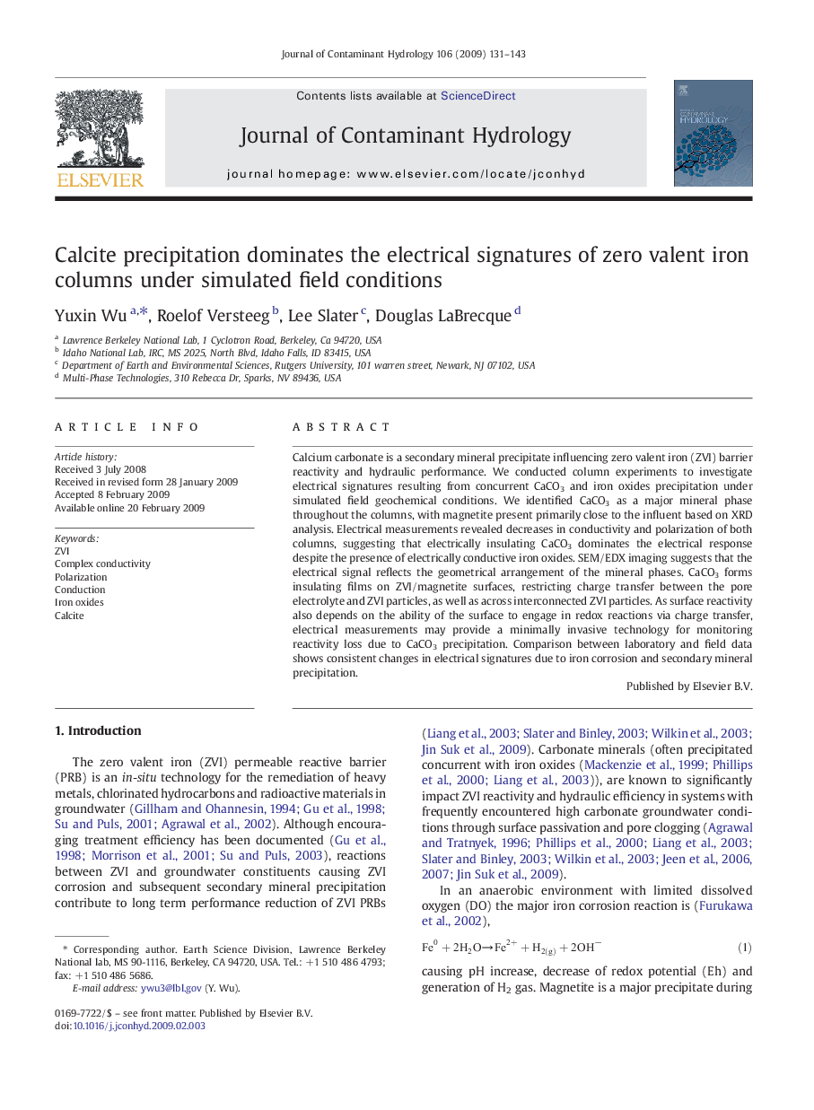 Calcite precipitation dominates the electrical signatures of zero valent iron columns under simulated field conditions