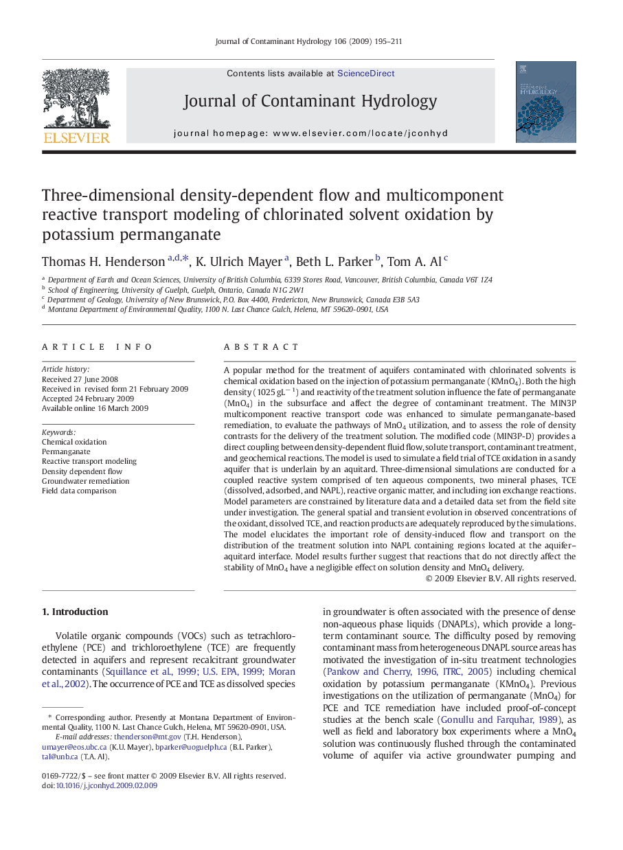 Three-dimensional density-dependent flow and multicomponent reactive transport modeling of chlorinated solvent oxidation by potassium permanganate