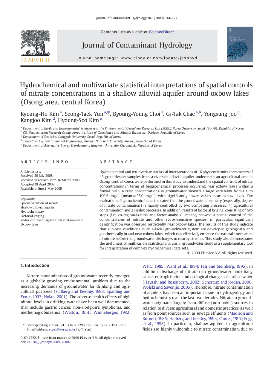 Hydrochemical and multivariate statistical interpretations of spatial controls of nitrate concentrations in a shallow alluvial aquifer around oxbow lakes (Osong area, central Korea)