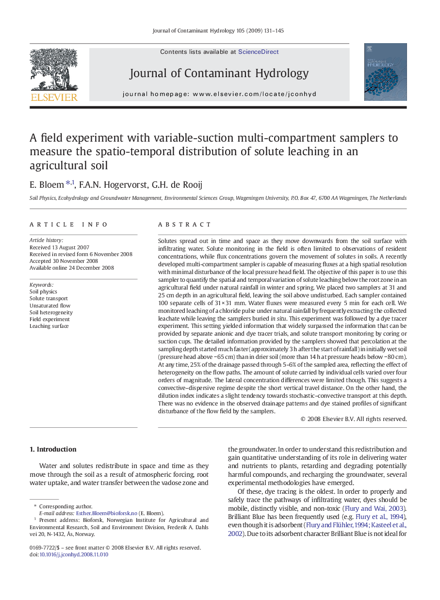 A field experiment with variable-suction multi-compartment samplers to measure the spatio-temporal distribution of solute leaching in an agricultural soil