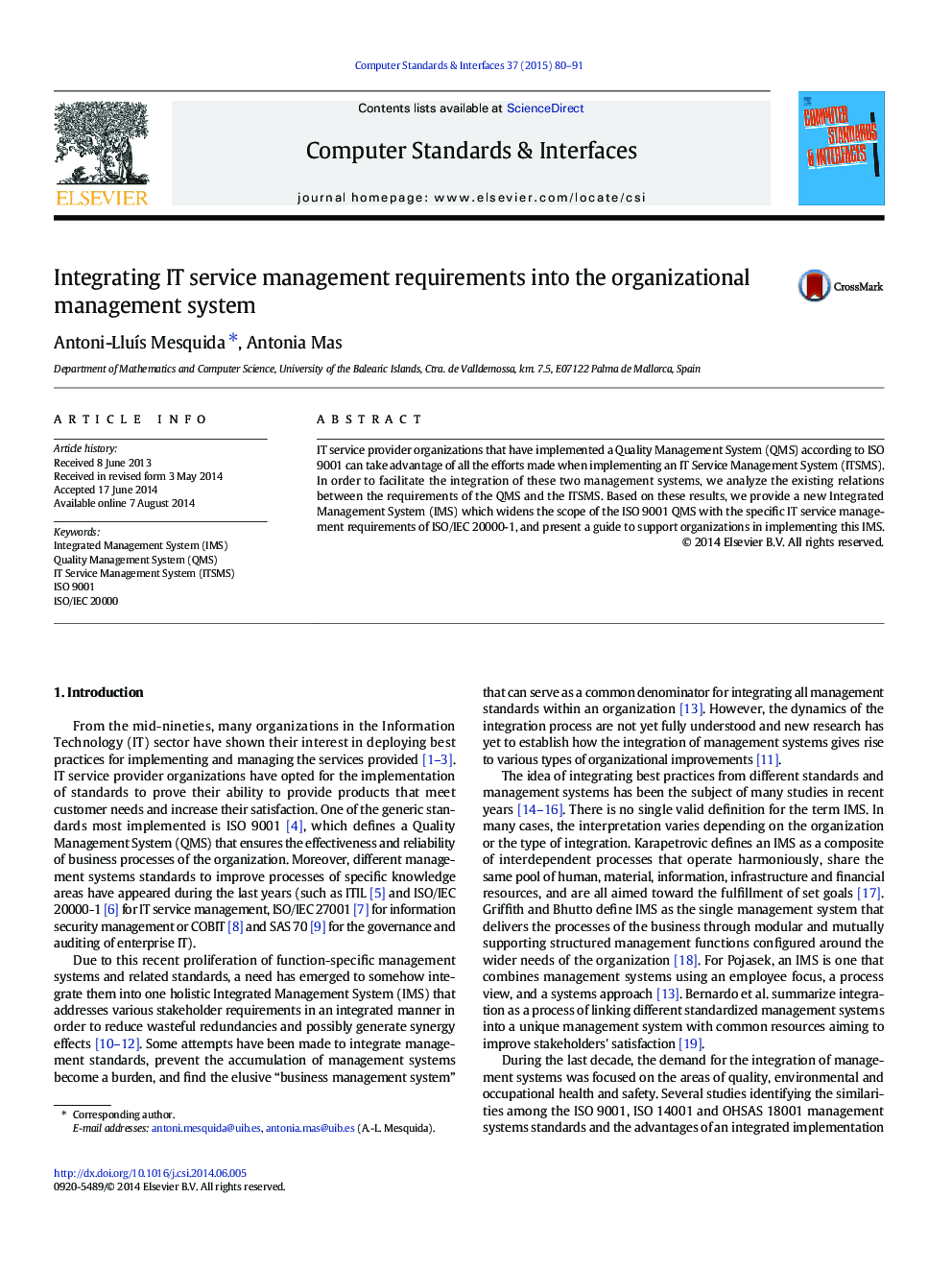 Integrating IT service management requirements into the organizational management system