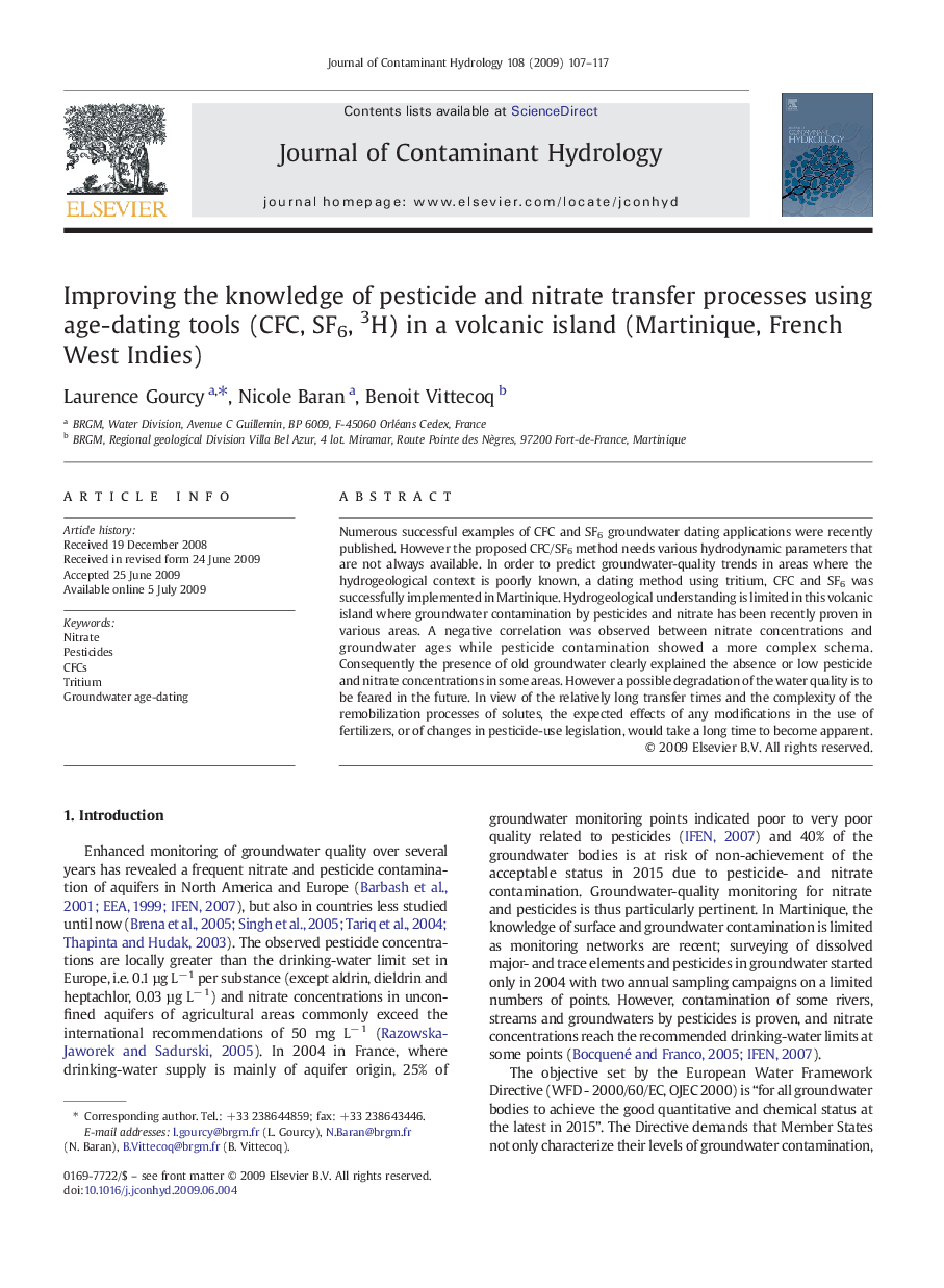 عکس صفحه اول مقاله: Improving the knowledge of pesticide and nitrate transfer processes using age-dating tools (CFC, SF6, 3H) in a volcanic island (Martinique, French West Indies) Improving the knowledge of pesticide and nitrate transfer processes using age-dating tools (CFC, SF6, 3H) in a volcanic island (Martinique, French West Indies)