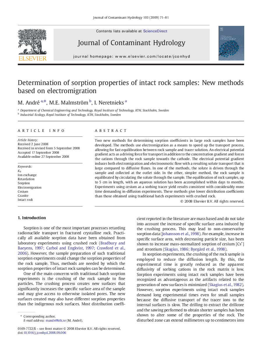 Determination of sorption properties of intact rock samples: New methods based on electromigration