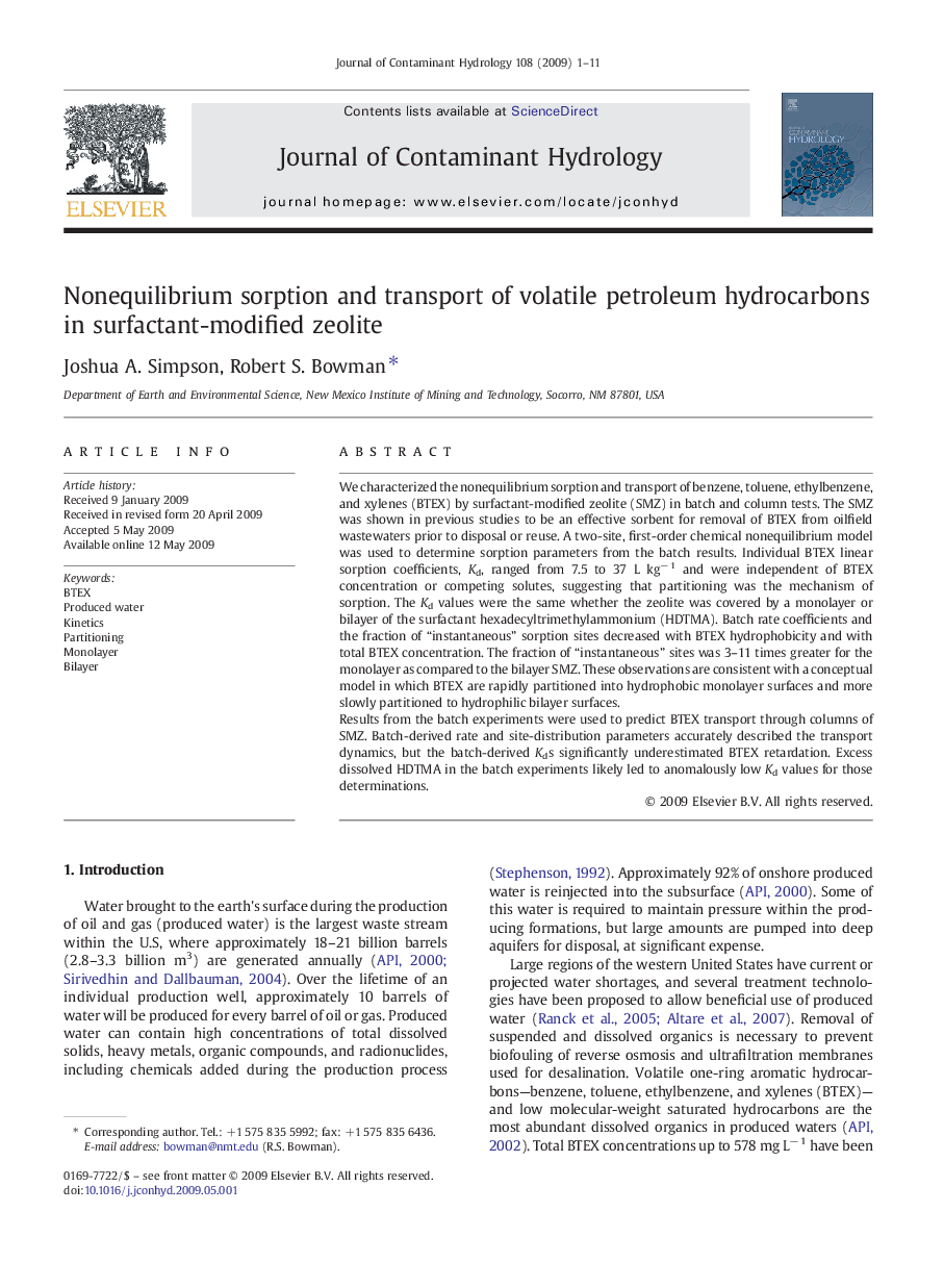 Nonequilibrium sorption and transport of volatile petroleum hydrocarbons in surfactant-modified zeolite