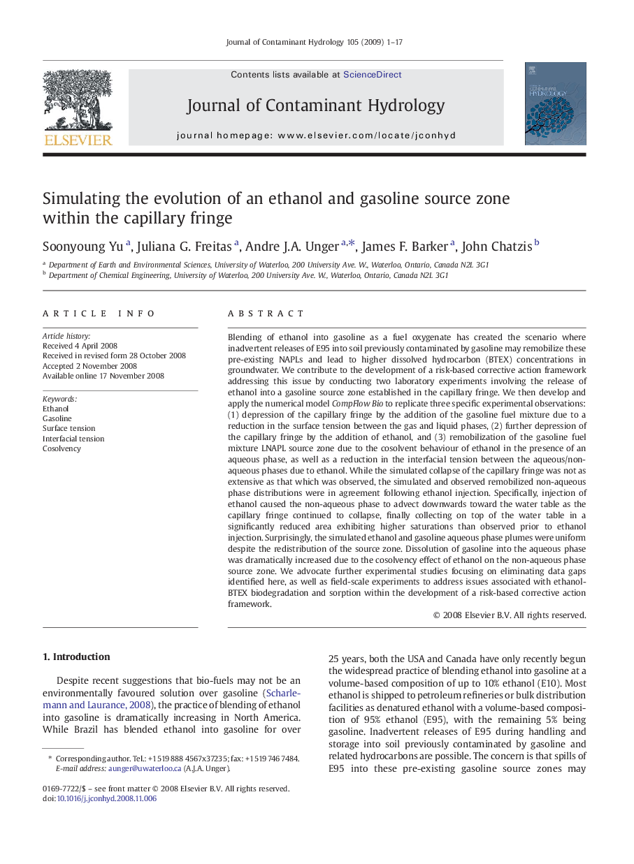 Simulating the evolution of an ethanol and gasoline source zone within the capillary fringe