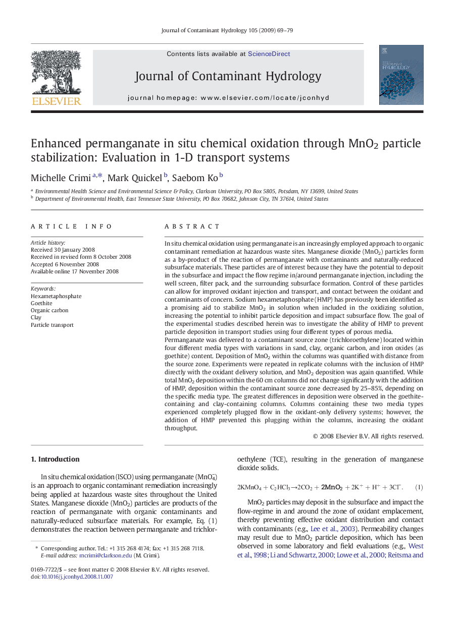 Enhanced permanganate in situ chemical oxidation through MnO2 particle stabilization: Evaluation in 1-D transport systems