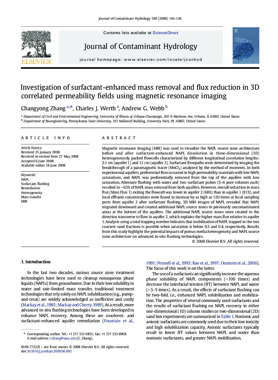 Investigation of surfactant-enhanced mass removal and flux reduction in 3D correlated permeability fields using magnetic resonance imaging